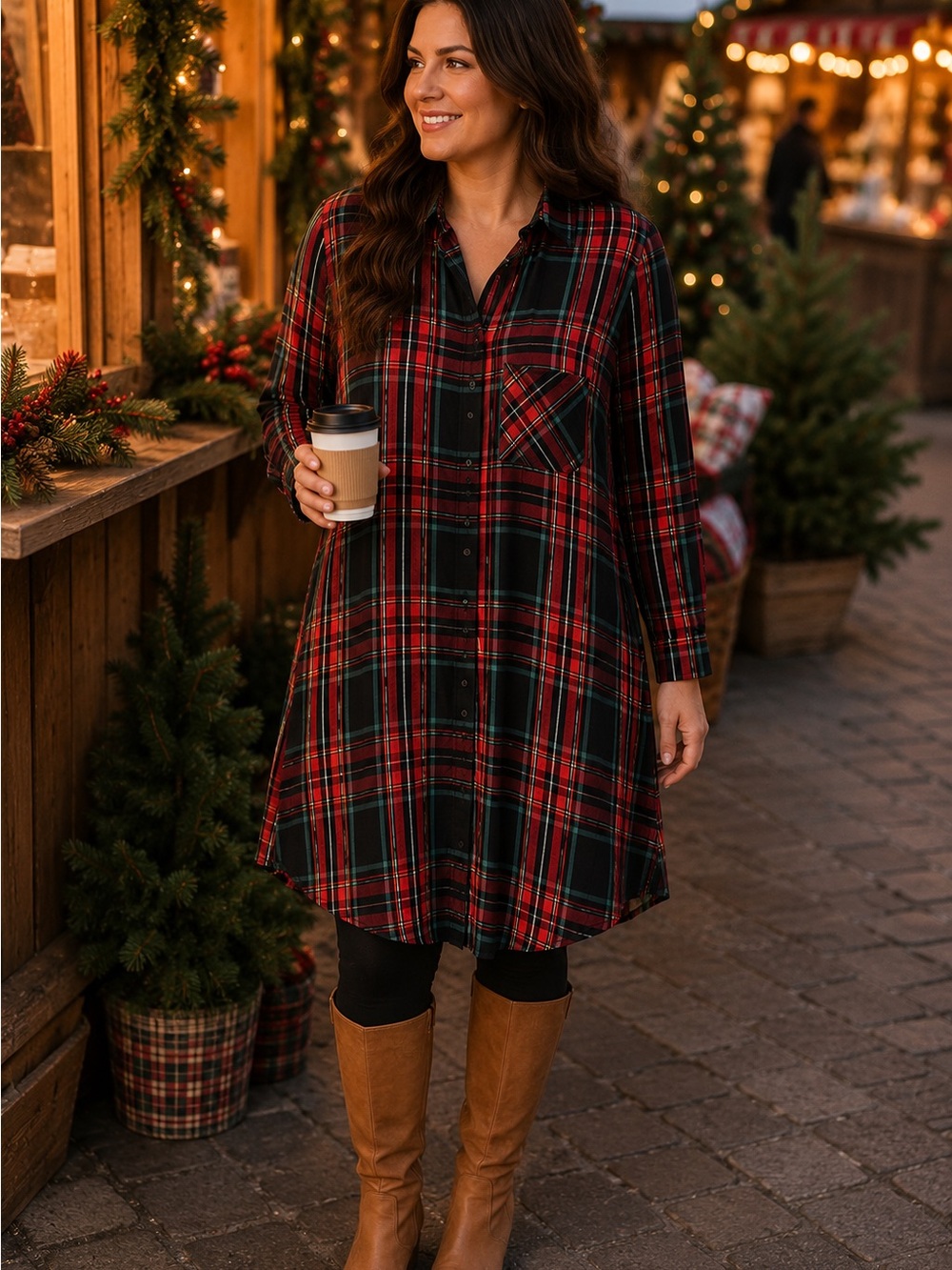 OLD NAVY Shirt Dress Tunic Tartan Plaid Button Front Preppy Holiday Rayon Large
